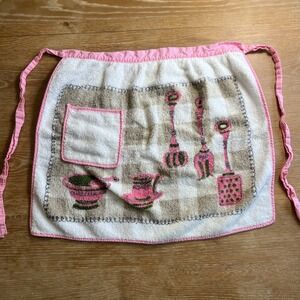 Vintage Mid Century  Floral Terrycloth Hostess Apron | Pink Trim Half Apron